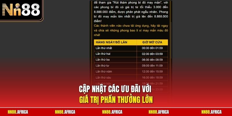 Cập nhật các ưu đãi với giá trị phần thưởng lớn